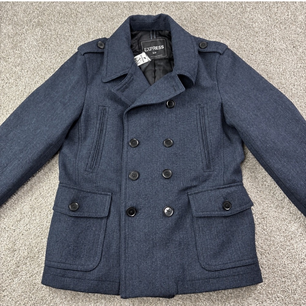Express Size S Navy Herringbone Double Breasted Peacoat Jacket Military NWT